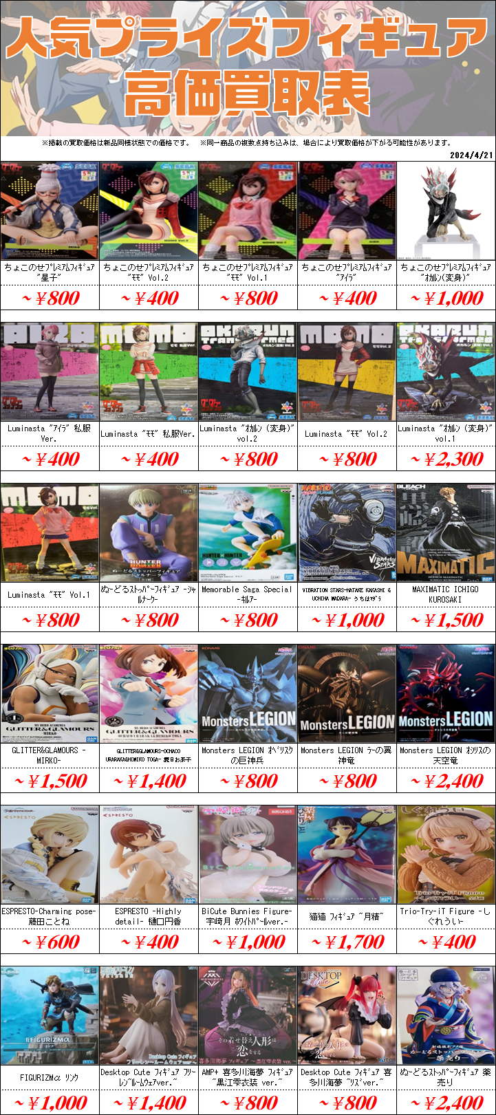 新作プライズフィギュア買取表更新しました！ 12/25～ | 千葉
